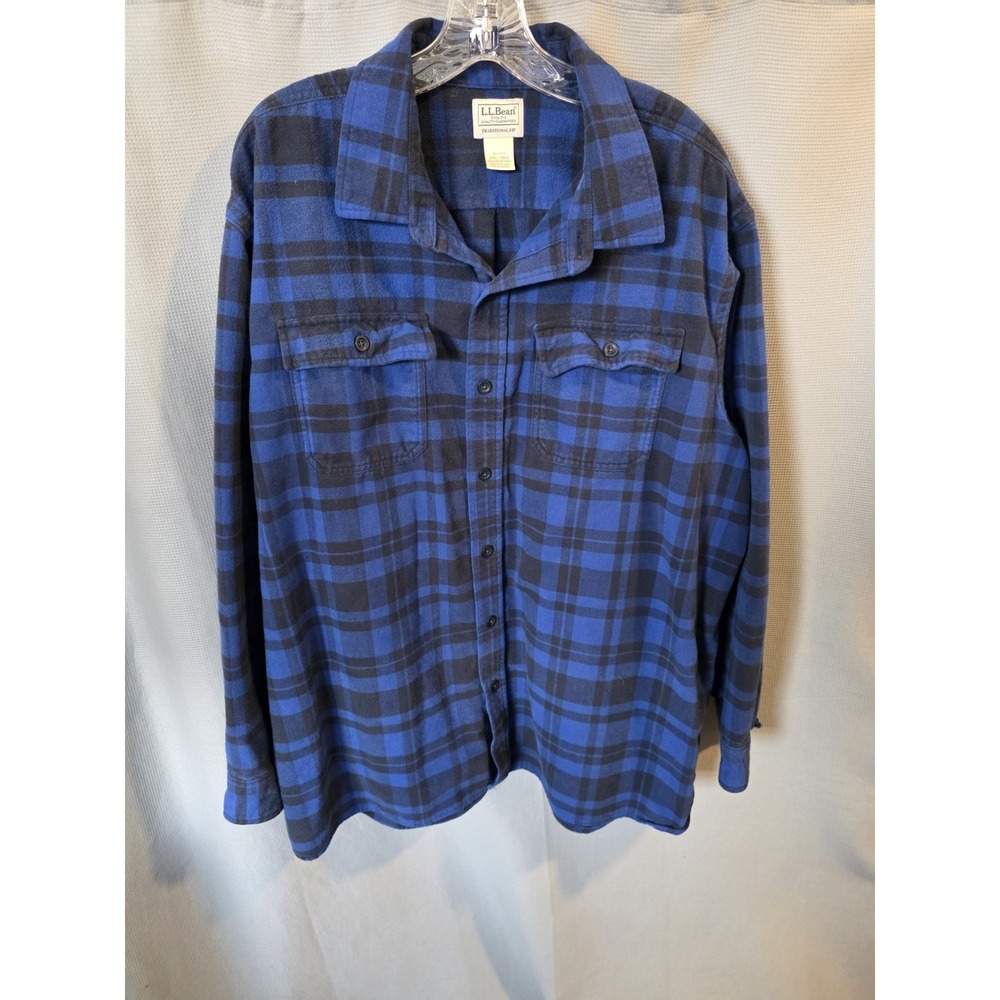 LL Bean Chamois Cloth Shirt Mens XXL Blue Black Plaid Flannel Button 277981